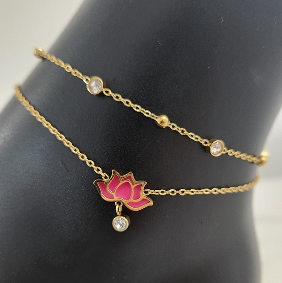 Pink Lotus Stainless Steel Double Circle Anklet With Crystal Accents - Picture 6 of 14